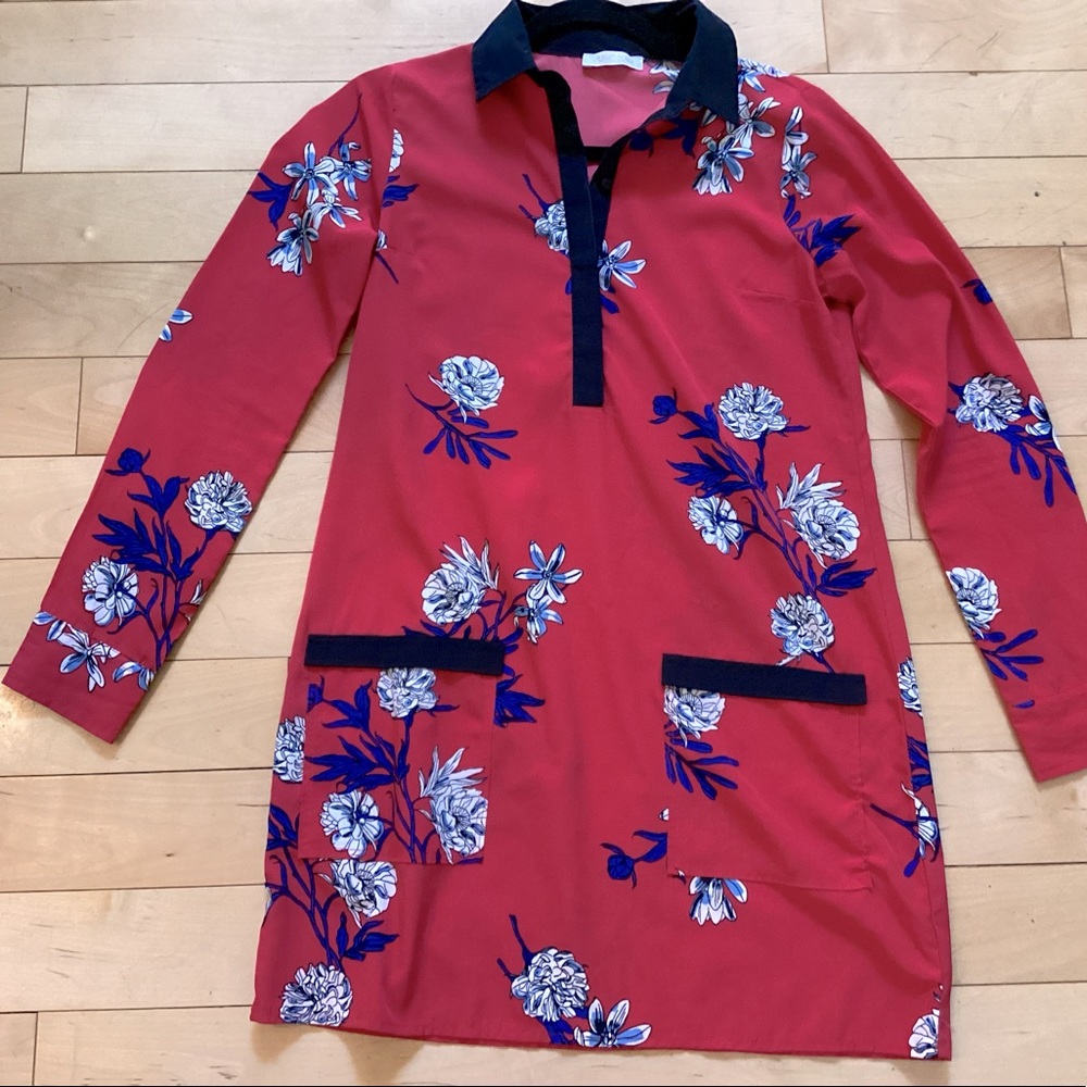 Yumi Kim silk red with blue & white flowers, size S